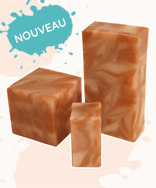 3 savons marbrés blanc et terre de sienne avec metion "nouveau"